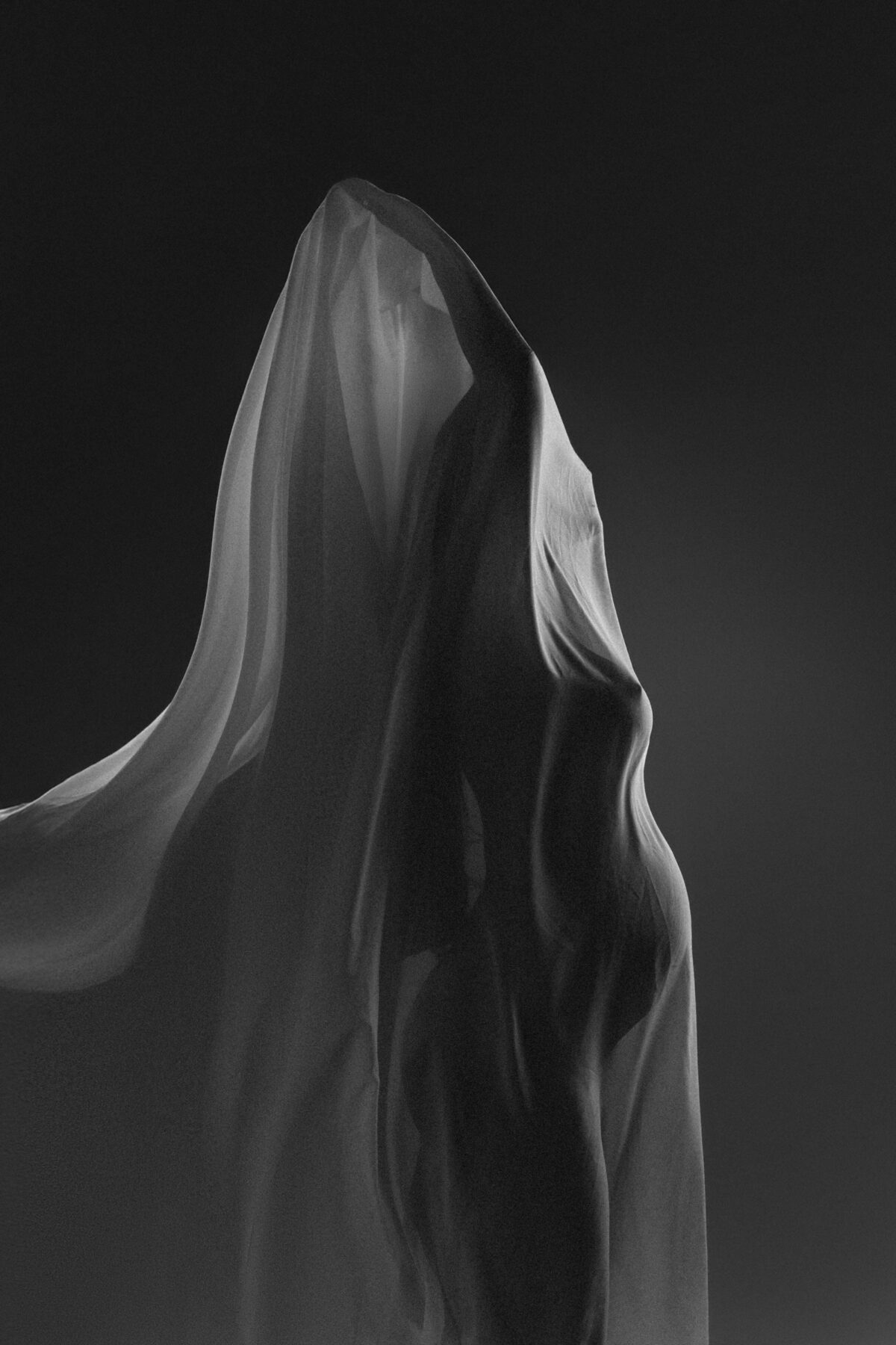 Pregnant woman covered in a flowing dark veil in a black-and-white fine art studio portrait